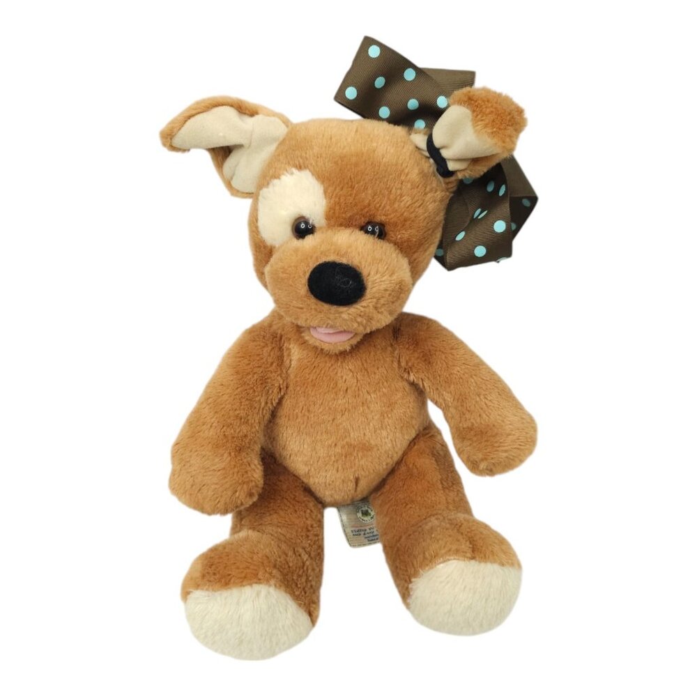 Build A Bear Puppy Dog Plush 13" Stuffed Animal Toy Bent Ears Bow Brown Tan BAB